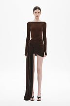 Chocolate long-sleeve ruched mini dress with draped asymmetrical overlay