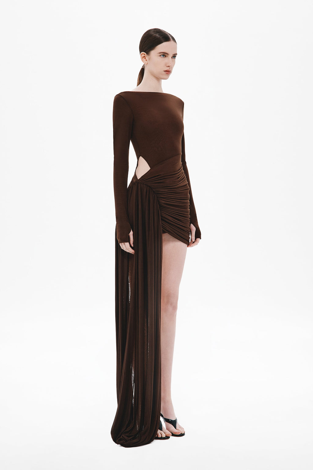 Chocolate long-sleeve ruched mini dress with draped back and side slit
