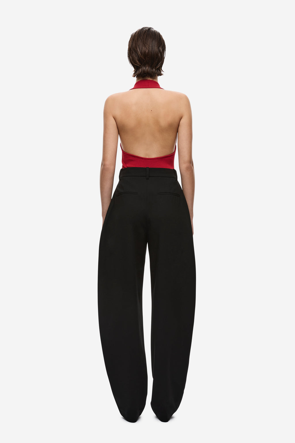 Cherry red knit bodysuit with open back and scooped rear
