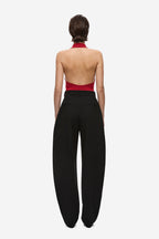Cherry red knit bodysuit with open back and scooped rear