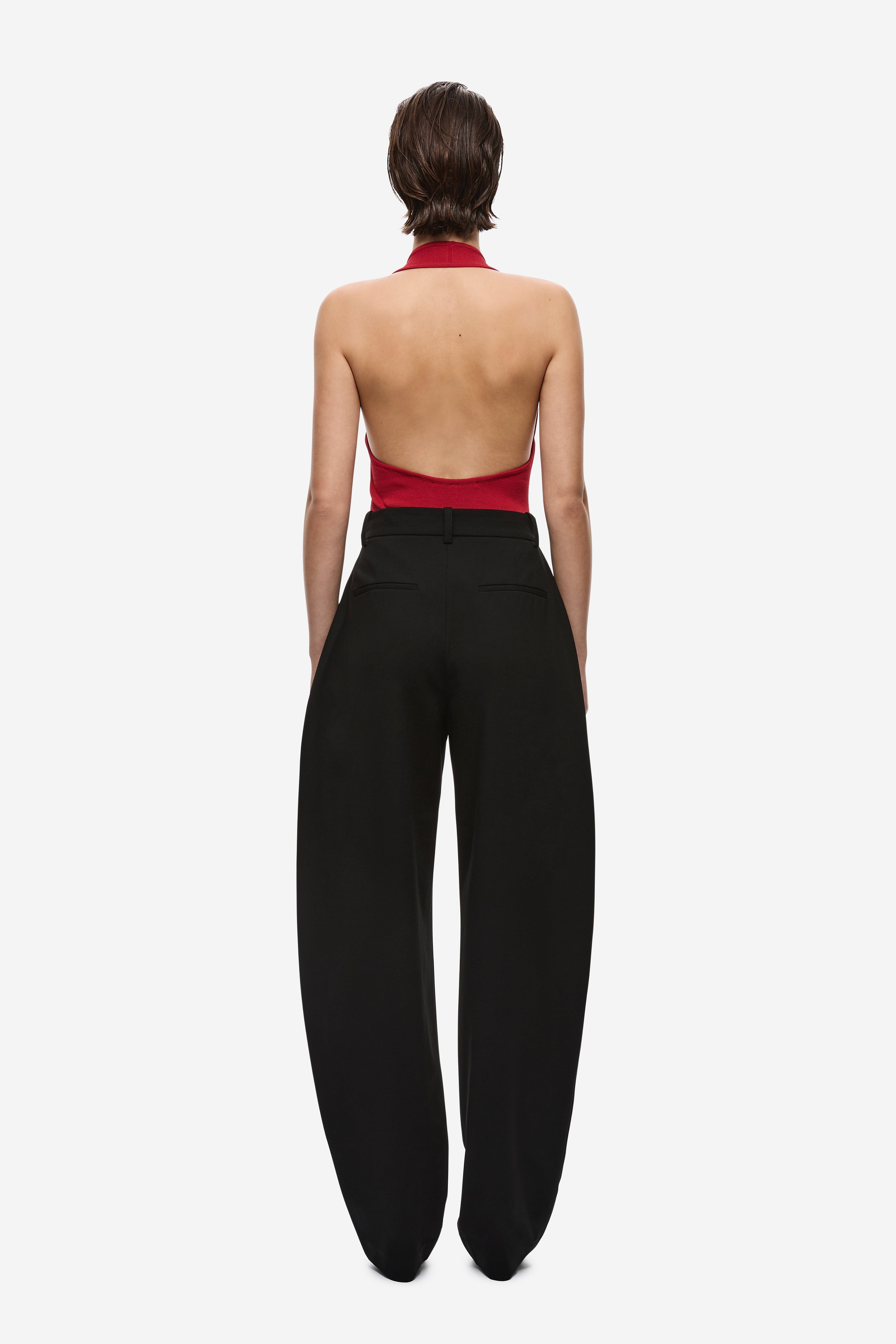 Cherry red knit bodysuit with open back and scooped rear