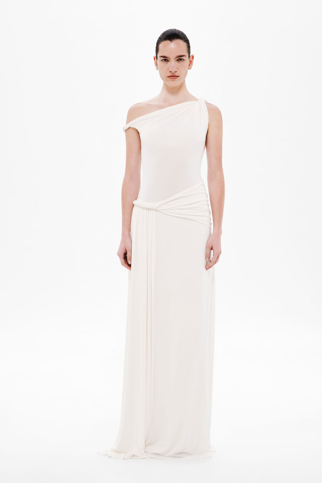 Ivory one-shoulder jersey maxi dress with draped waist wrap detail