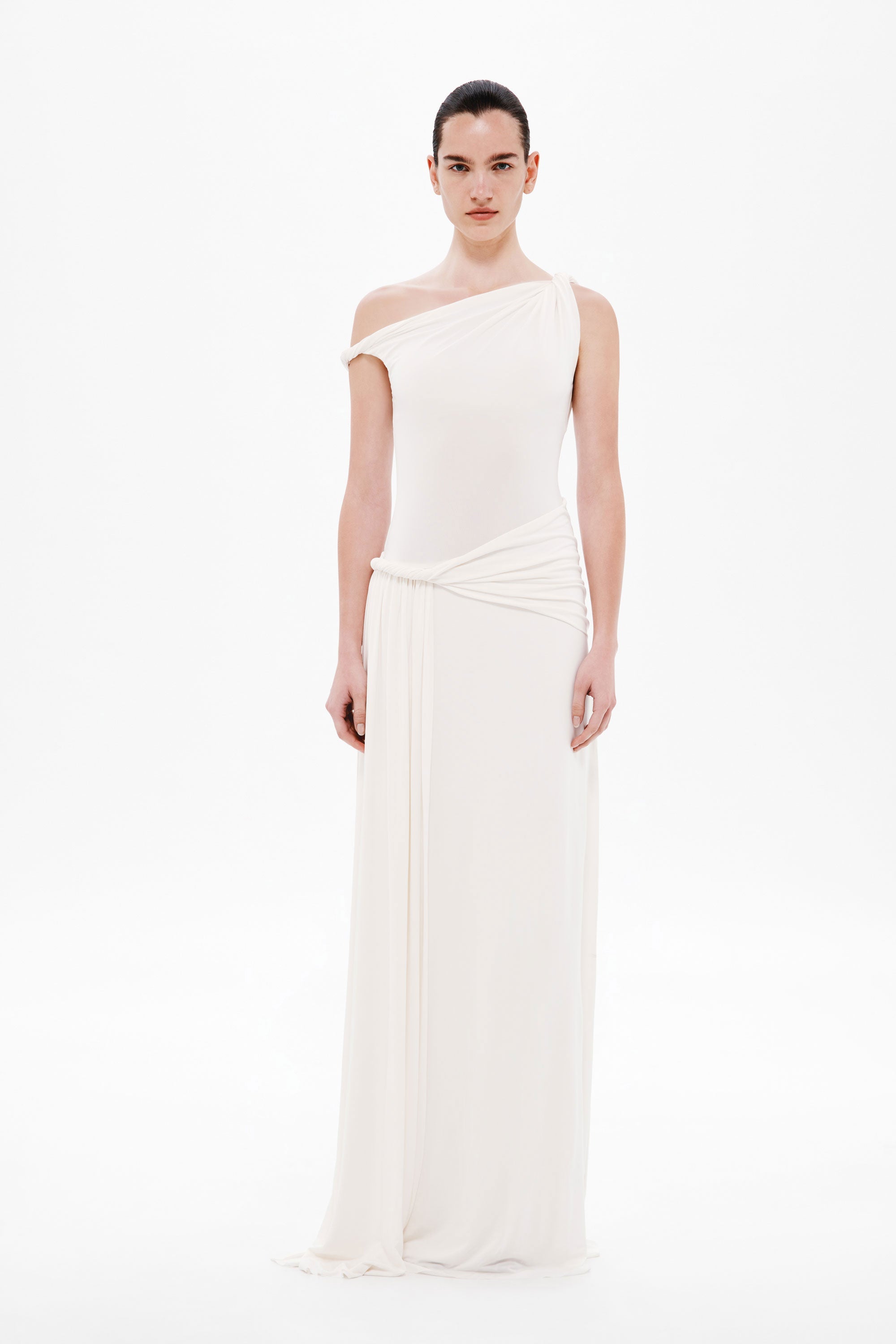 Ivory one-shoulder jersey maxi dress with draped waist wrap detail