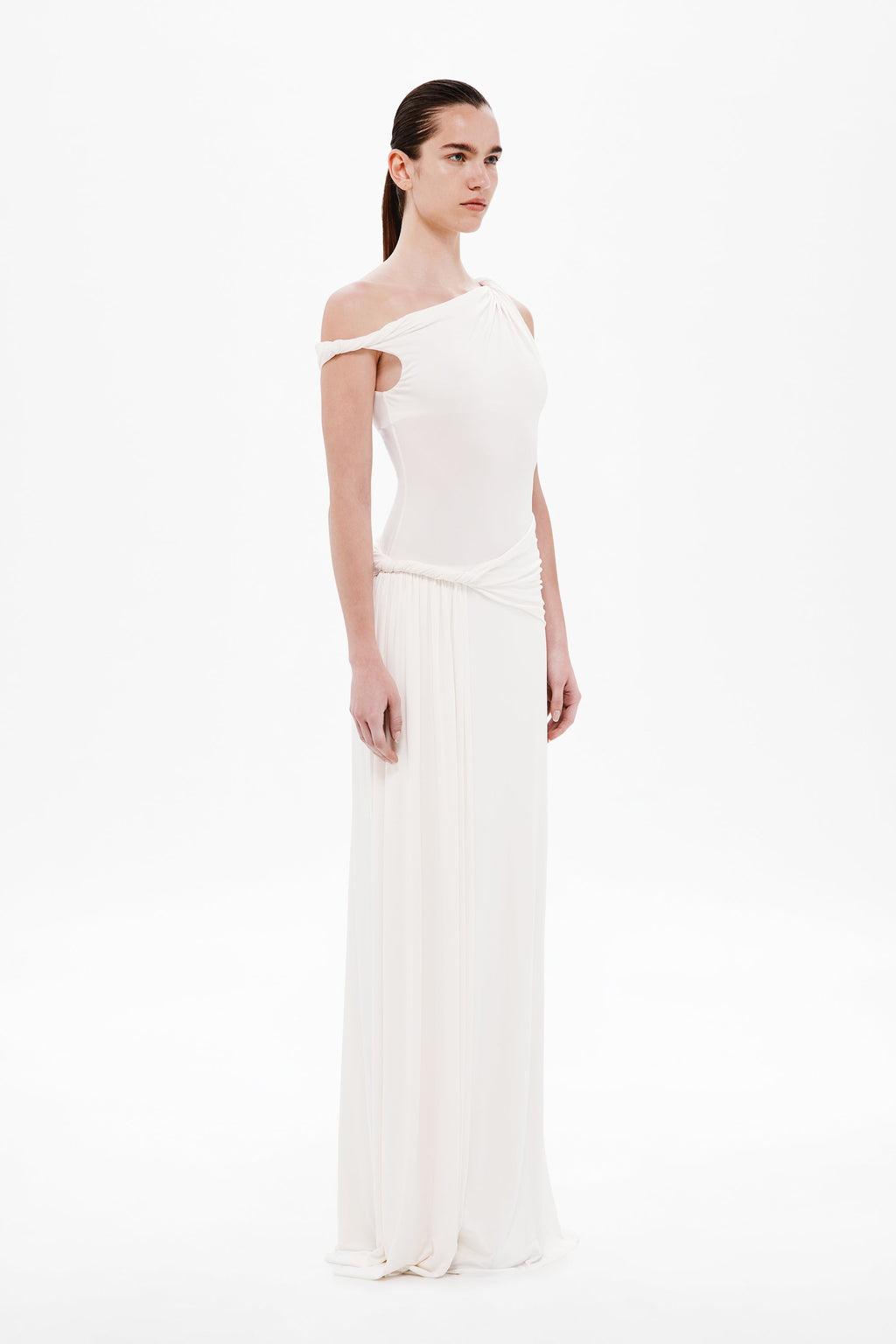 Ivory one-shoulder jersey maxi dress with ruched waist and long column skirt