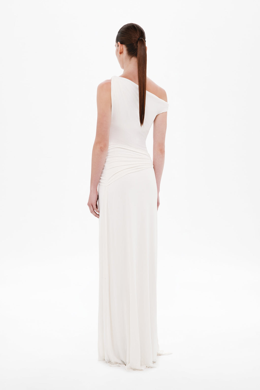 Ivory one-shoulder jersey maxi dress with open back and gathered waist