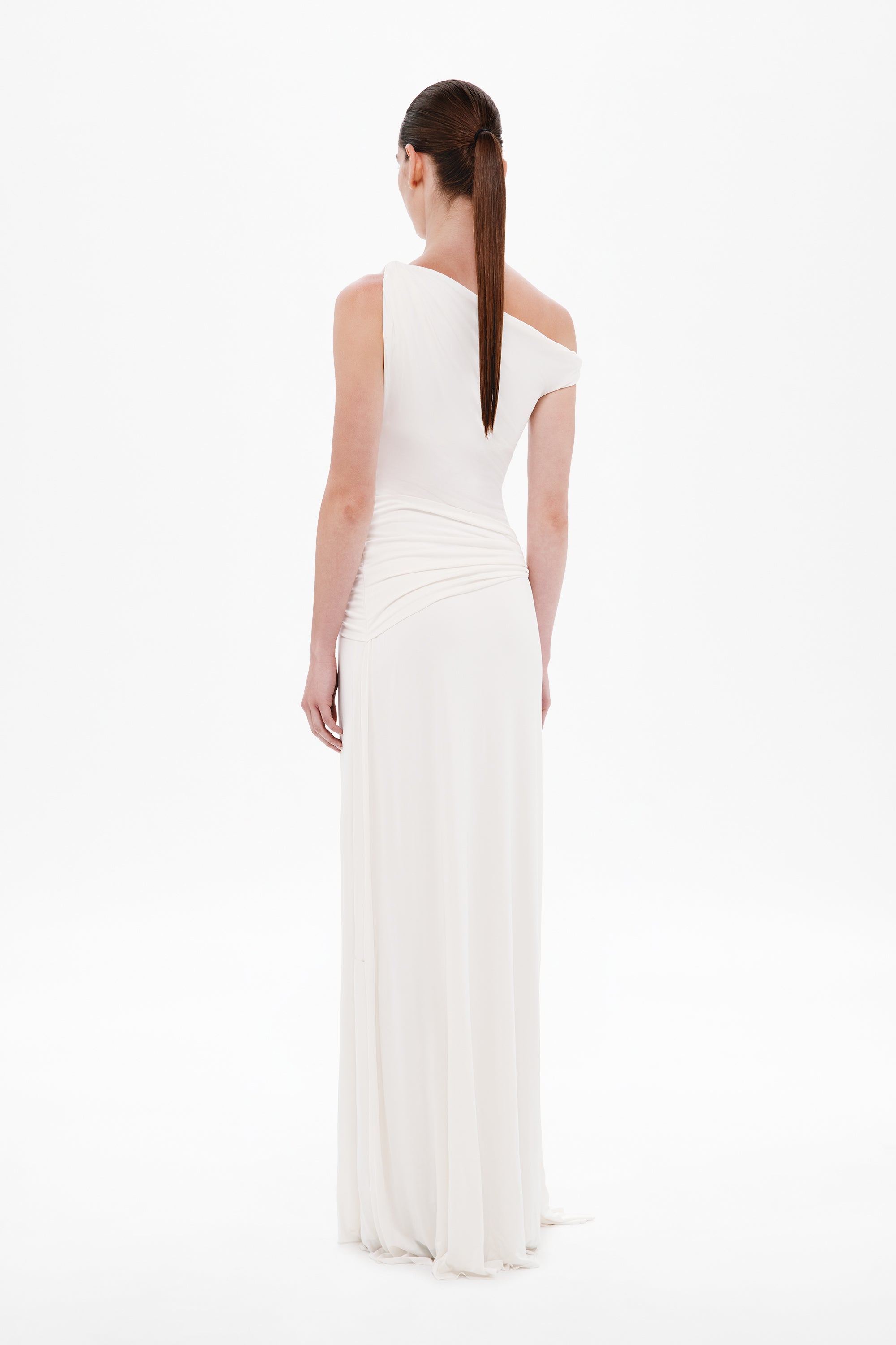 Ivory one-shoulder jersey maxi dress with open back and gathered waist