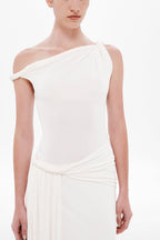 Ivory one-shoulder jersey dress with knot ruched side waist detail