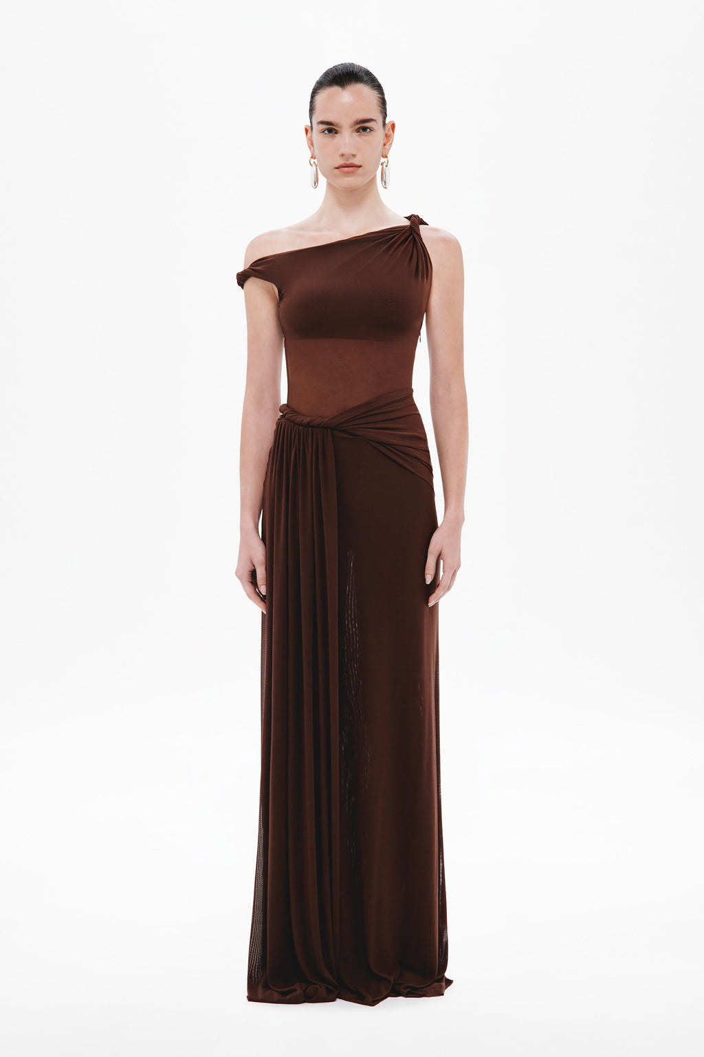 Espresso-brown sisal mesh dress with draped off-shoulder bodice and long pleated skirt