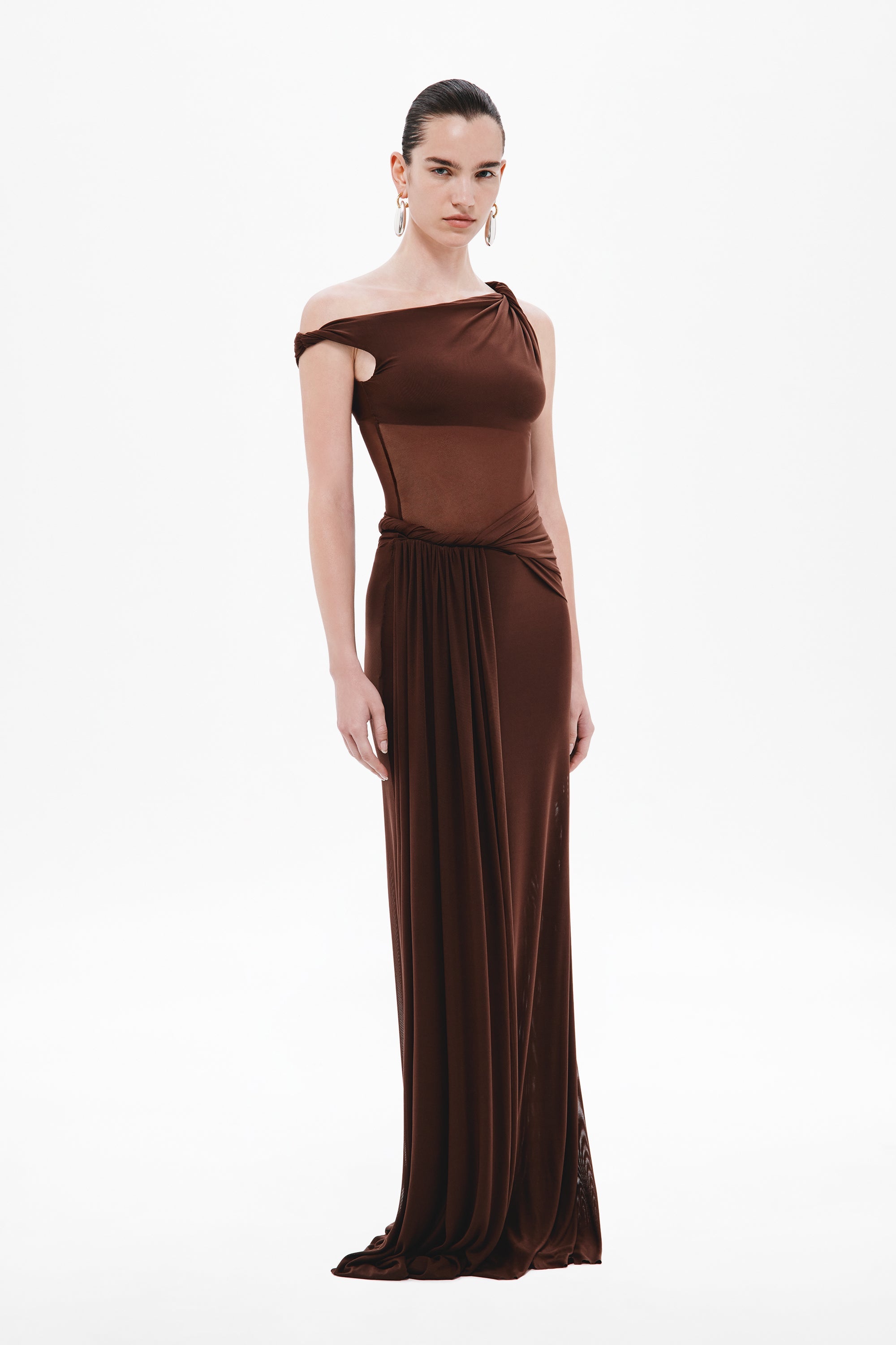 Espresso-brown sisal mesh dress with off-shoulder neckline and draped waist long skirt