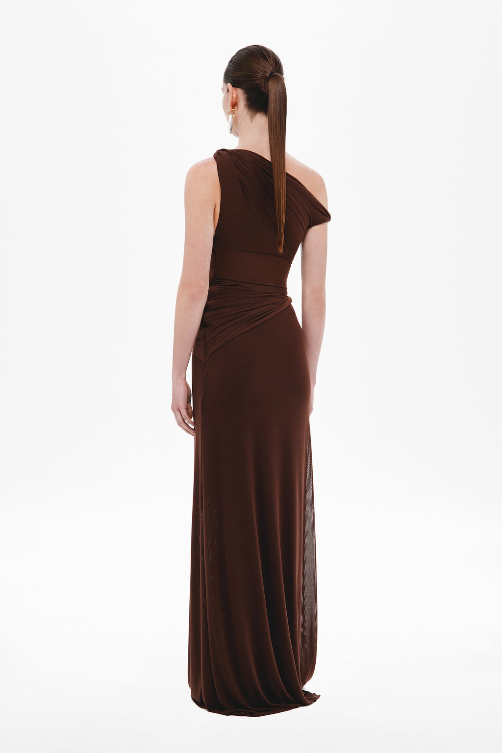 Espresso-brown sisal mesh dress, back view, draped waist and sleeveless long pleated skirt