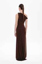 Espresso-brown sisal mesh dress, back view, draped waist and sleeveless long pleated skirt