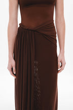 Espresso-brown sisal mesh dress waist close-up: twisted tie and gathered pleats