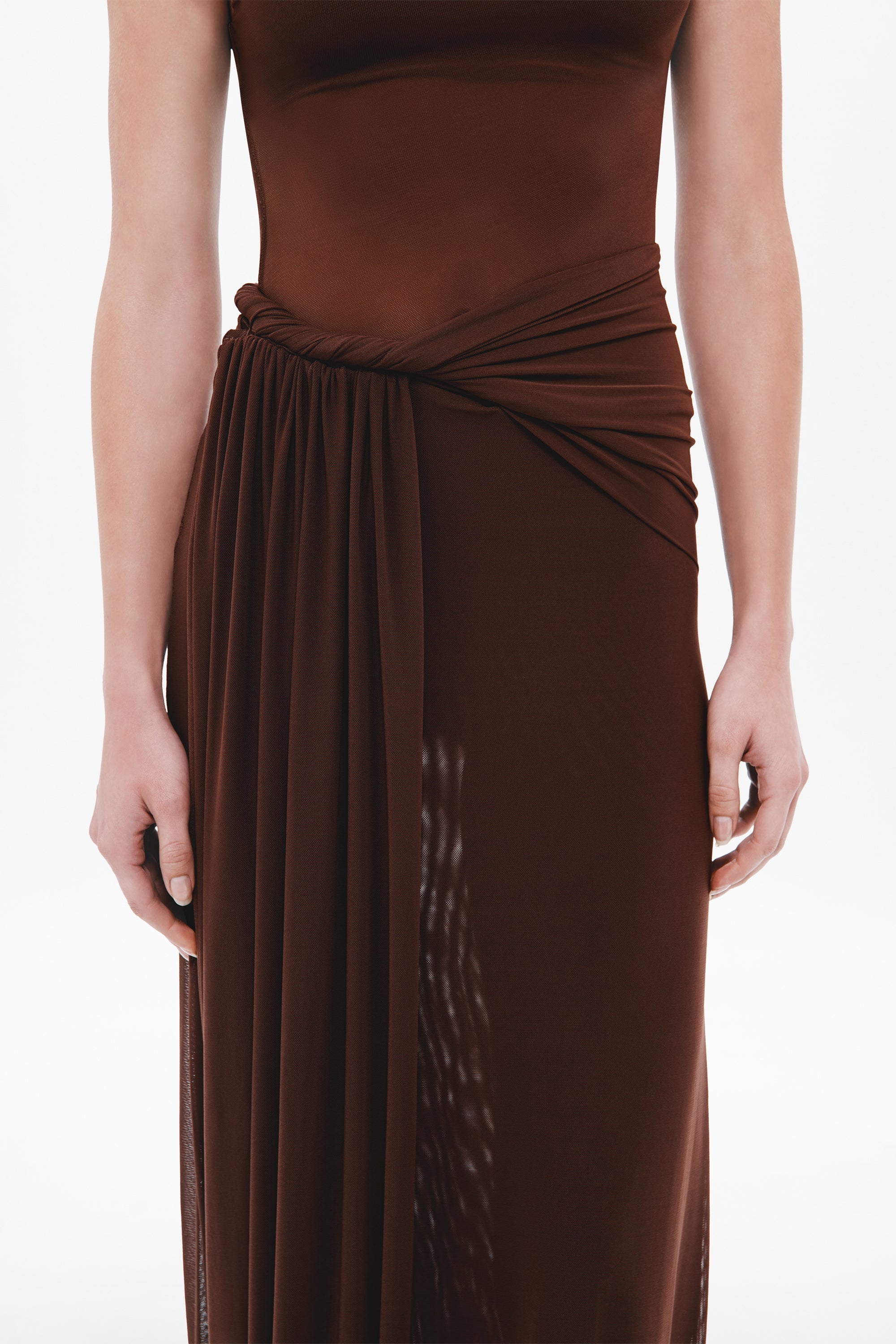 Espresso-brown sisal mesh dress waist close-up: twisted tie and gathered pleats