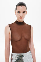 Chocolate brown sleeveless bodysuit with high mock neck, worn under a sequined skirt