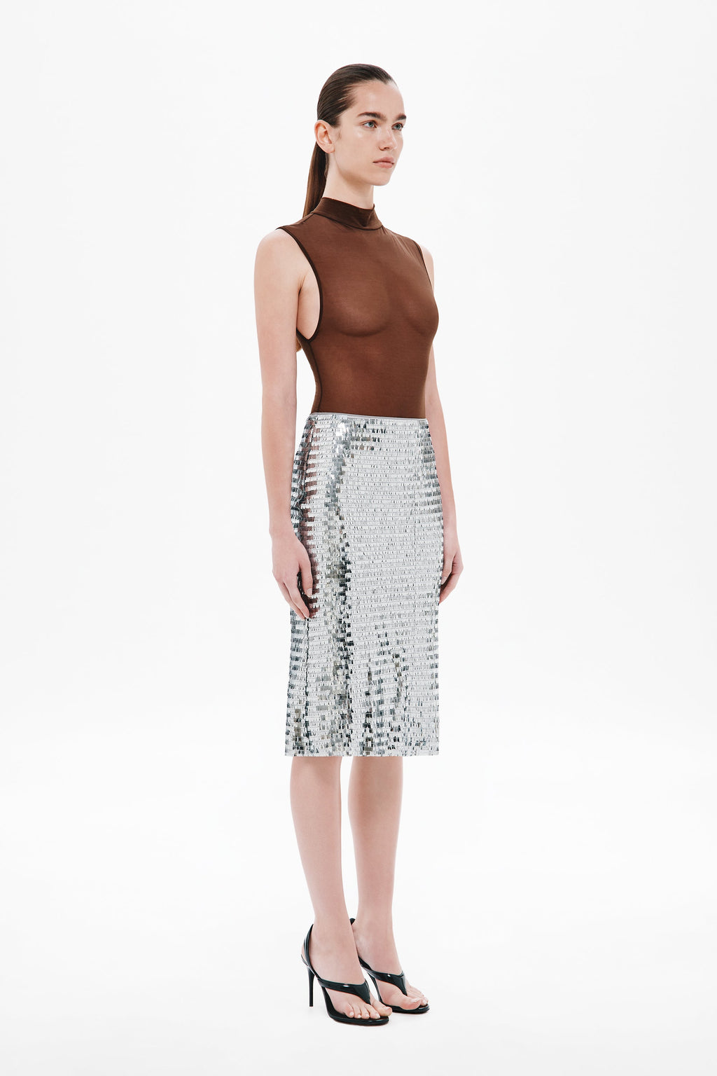 Chocolate brown sleeveless bodysuit with high mock neck, side view