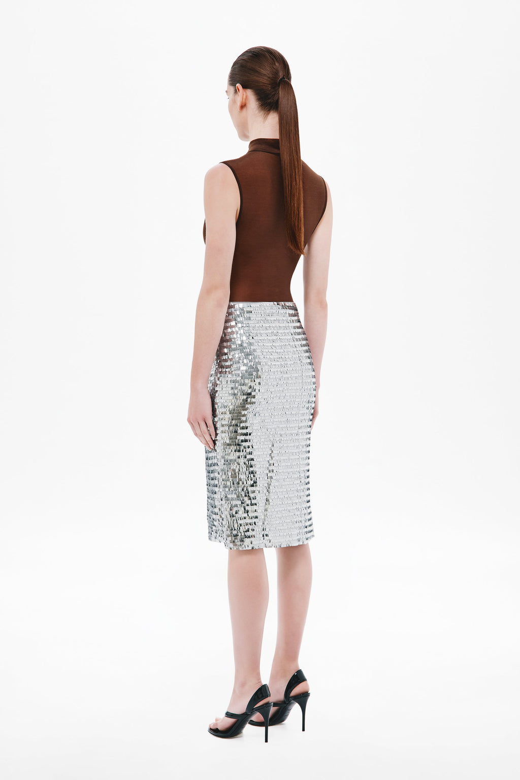 Chocolate brown sleeveless bodysuit with high mock neck, back view