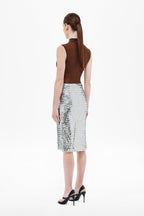 Chocolate brown sleeveless bodysuit with high mock neck, back view