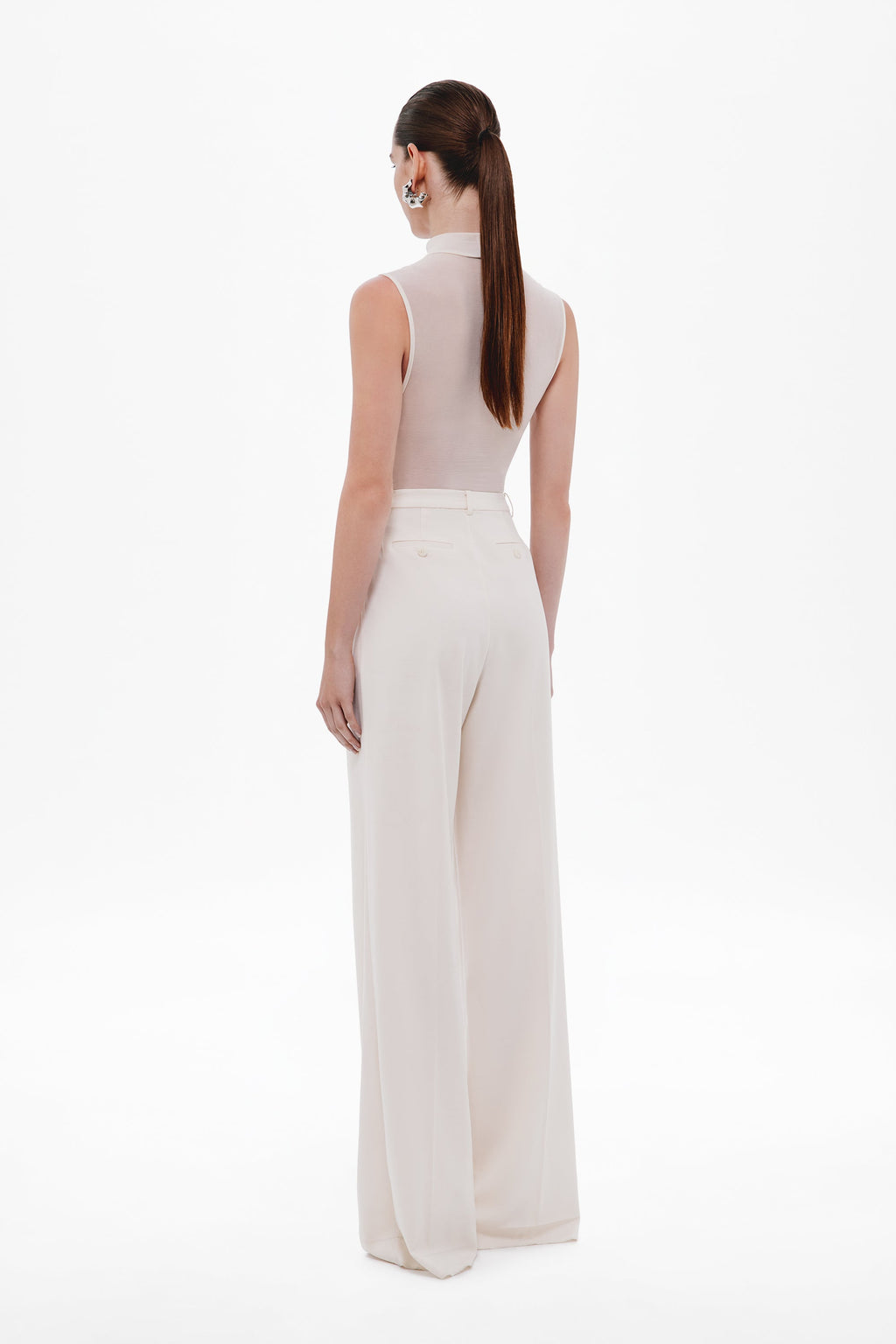 Whisper white sleeveless mock-neck bodysuit, back view with high neckline