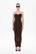Chocolate ruched strapless midi jersey dress with corset seams and gathered sides