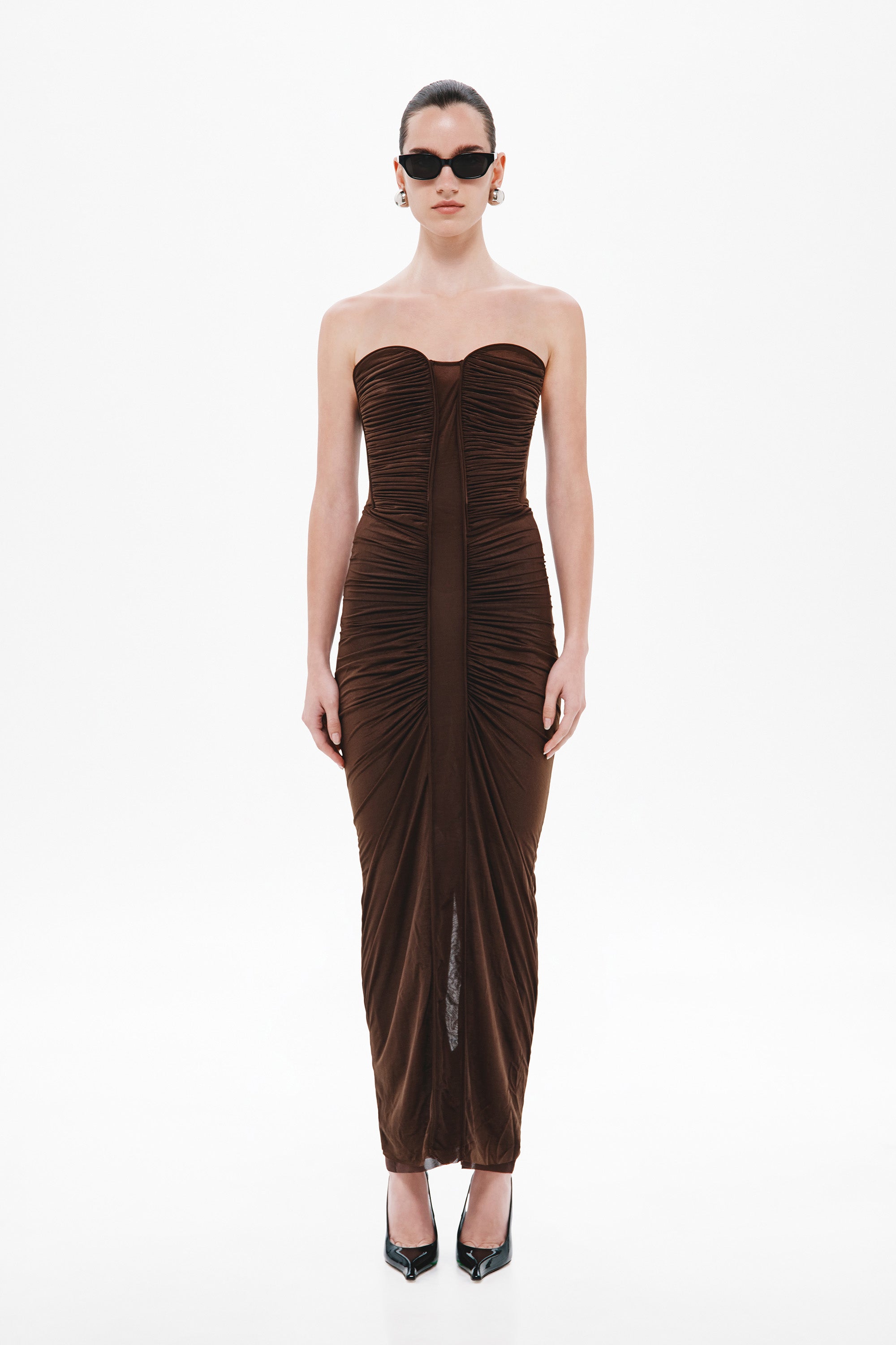 Chocolate ruched strapless midi jersey dress with corset seams and gathered sides