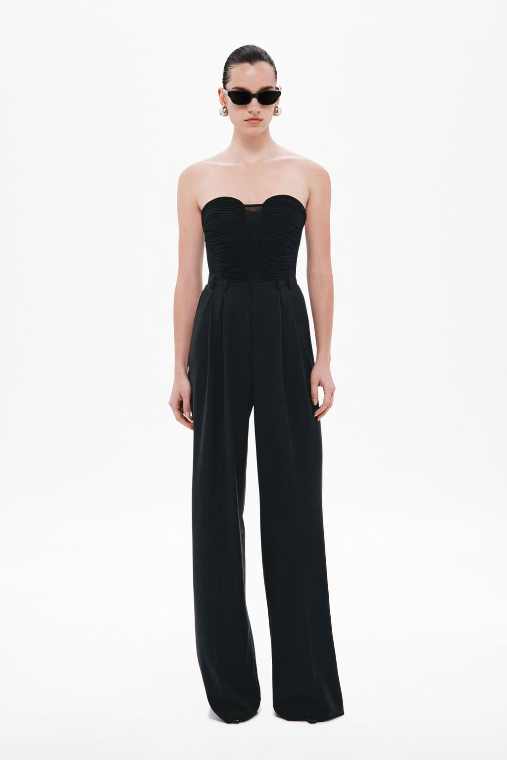 Black strapless sweetheart jersey top with corset seams