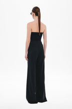 Black strapless sweetheart jersey top, back view with vertical seam