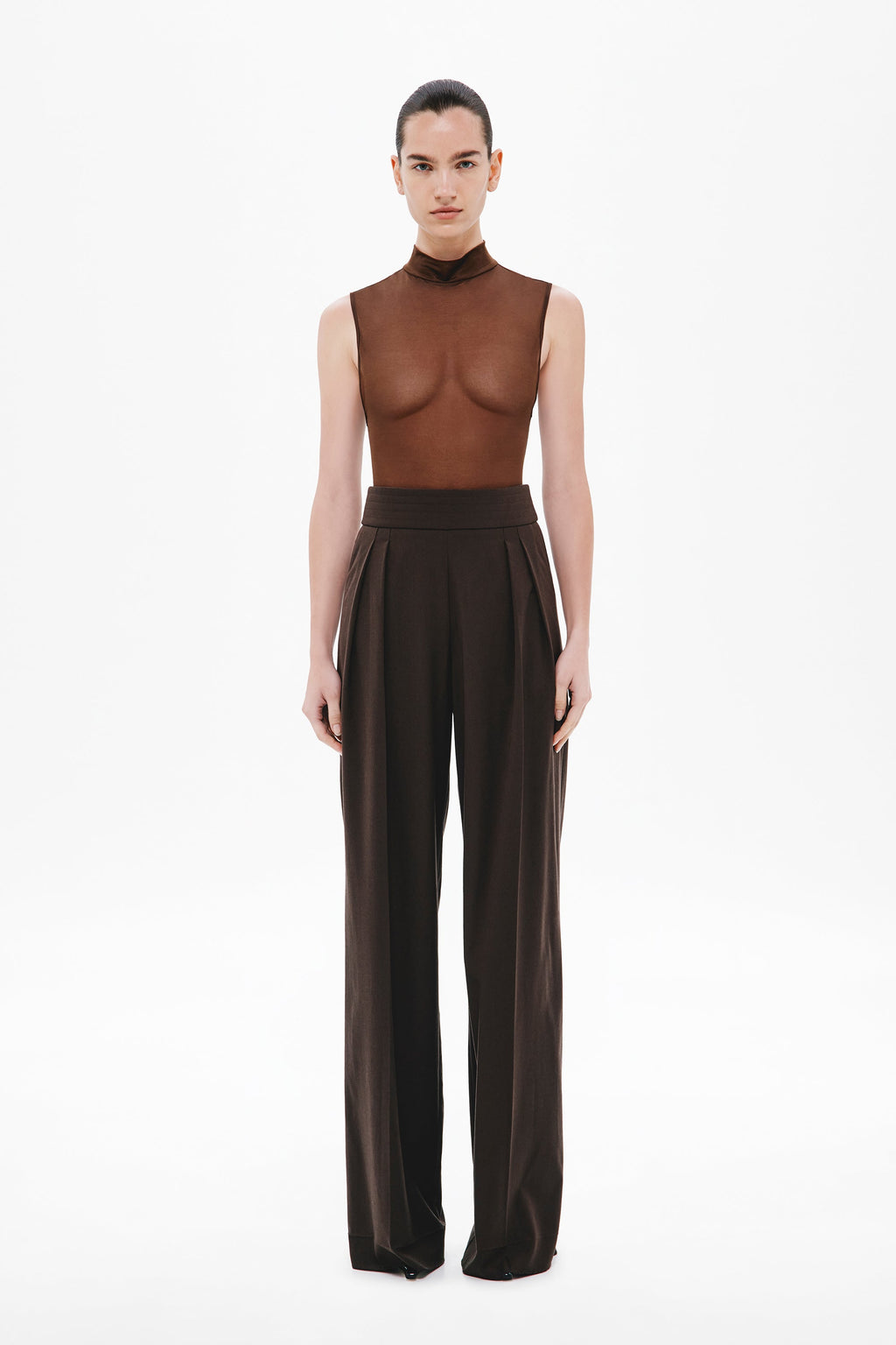 Chocolate two-pleat suiting pants on model, high waist, straight wide legs