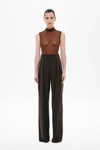 Chocolate two-pleat suiting pants on model, high waist, straight wide legs