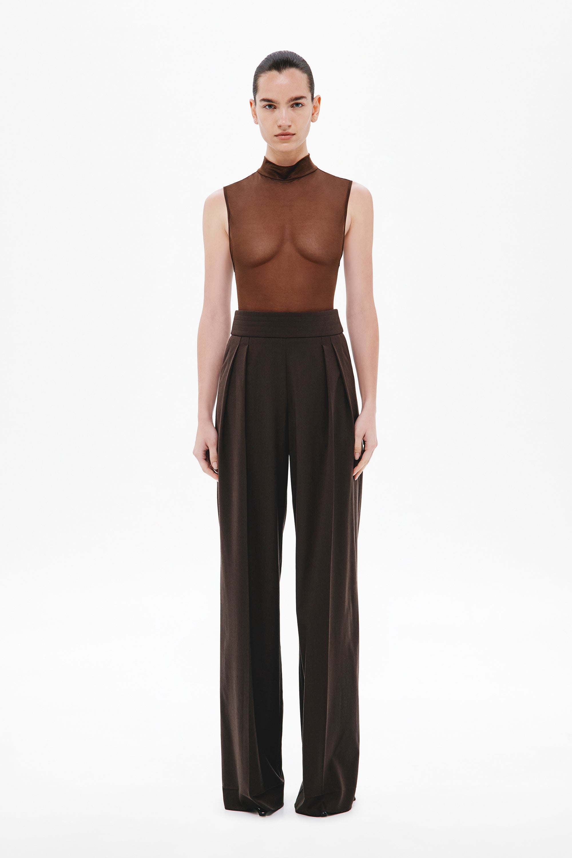 Chocolate two-pleat suiting pants on model, high waist, straight wide legs