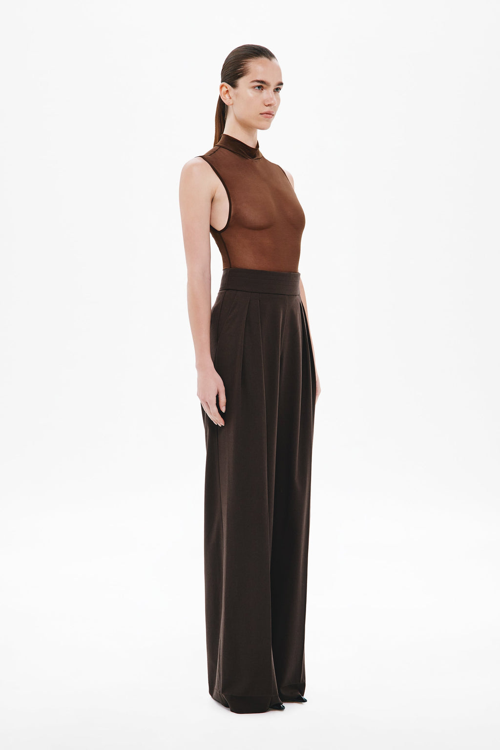 Chocolate two-pleat suiting pants, high rise with wide legs and draped fall