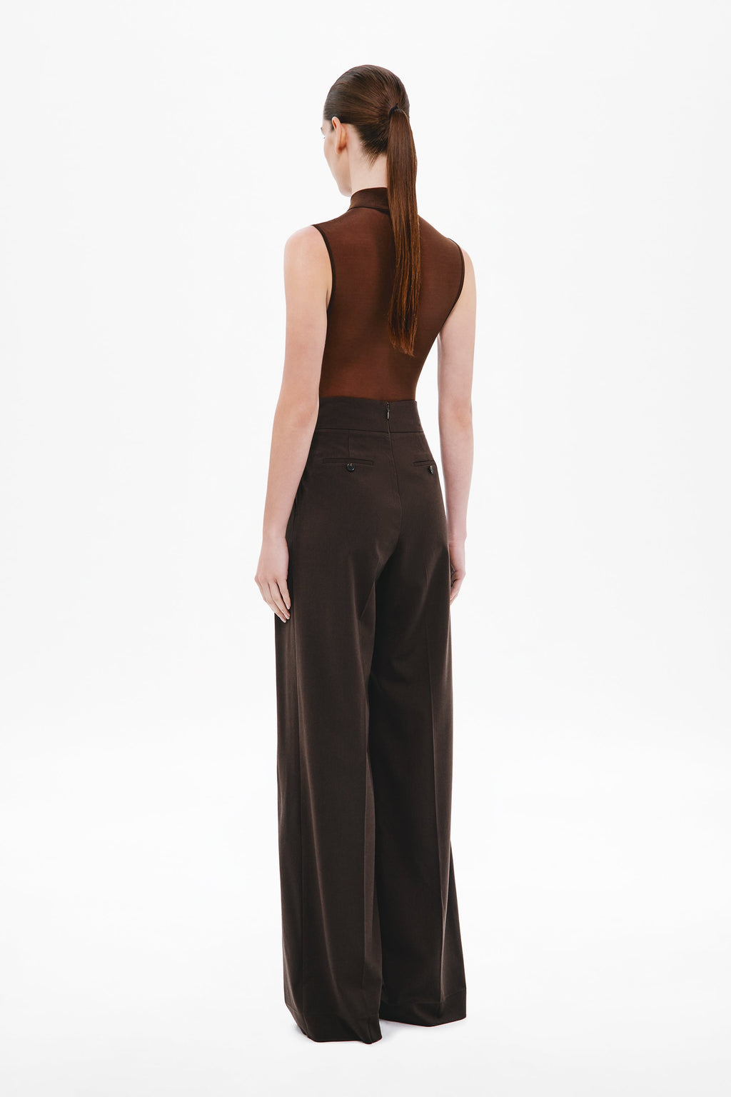 Chocolate two-pleat suiting pants, back view, high waist and wide straight legs