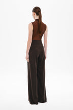 Chocolate two-pleat suiting pants, back view, high waist and wide straight legs
