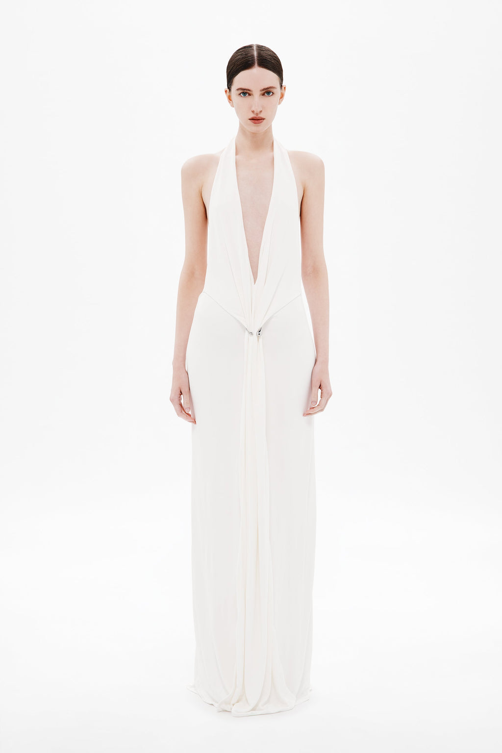 Ivory sleeveless jersey maxi dress with deep V-neck and gathered waist seam