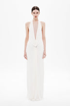 Ivory sleeveless jersey maxi dress with deep V-neck and gathered waist seam