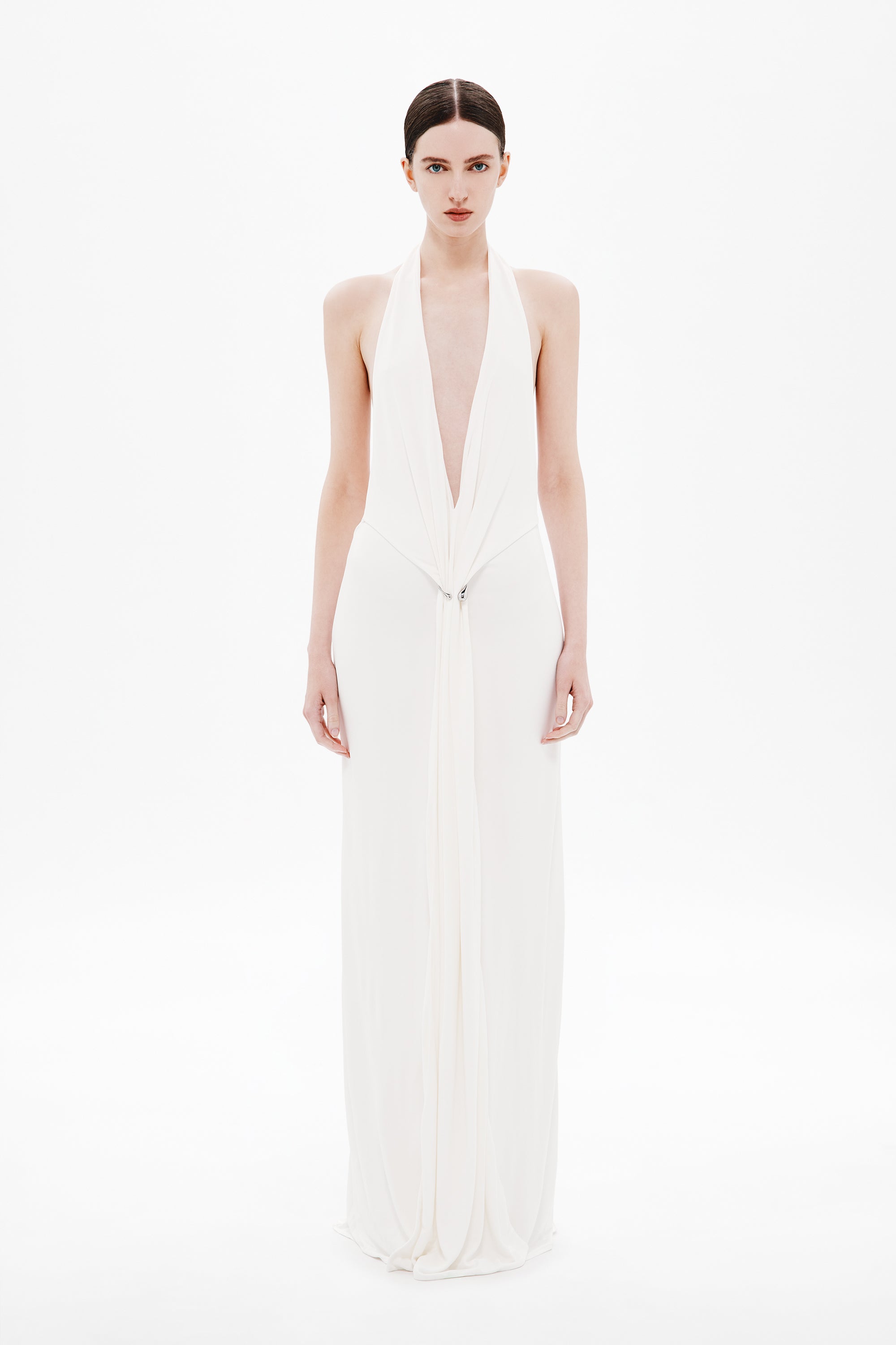 Ivory sleeveless jersey maxi dress with deep V-neck and gathered waist seam