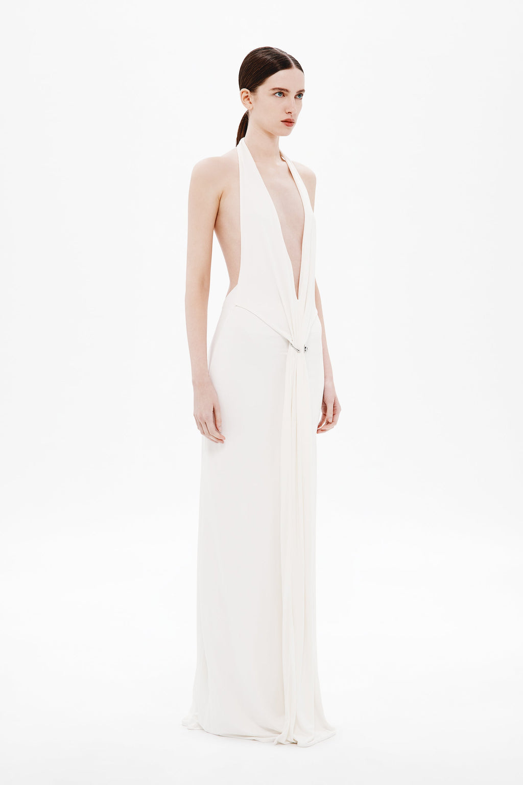 Ivory sleeveless jersey maxi dress, V-neck with draped front and side profile