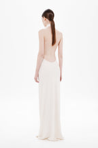 Ivory sleeveless jersey maxi dress, open-back scoop with flowing back drape