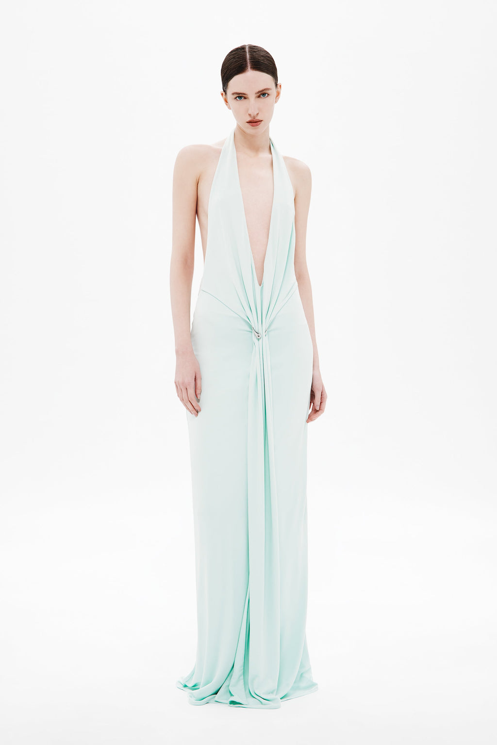 Mint green sleeveless maxi jersey dress with deep V halter front and ruched center tie
