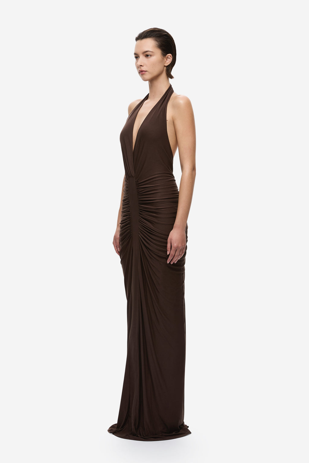 Chocolate gathered cupro halter maxi dress in a slim column silhouette with side draping
