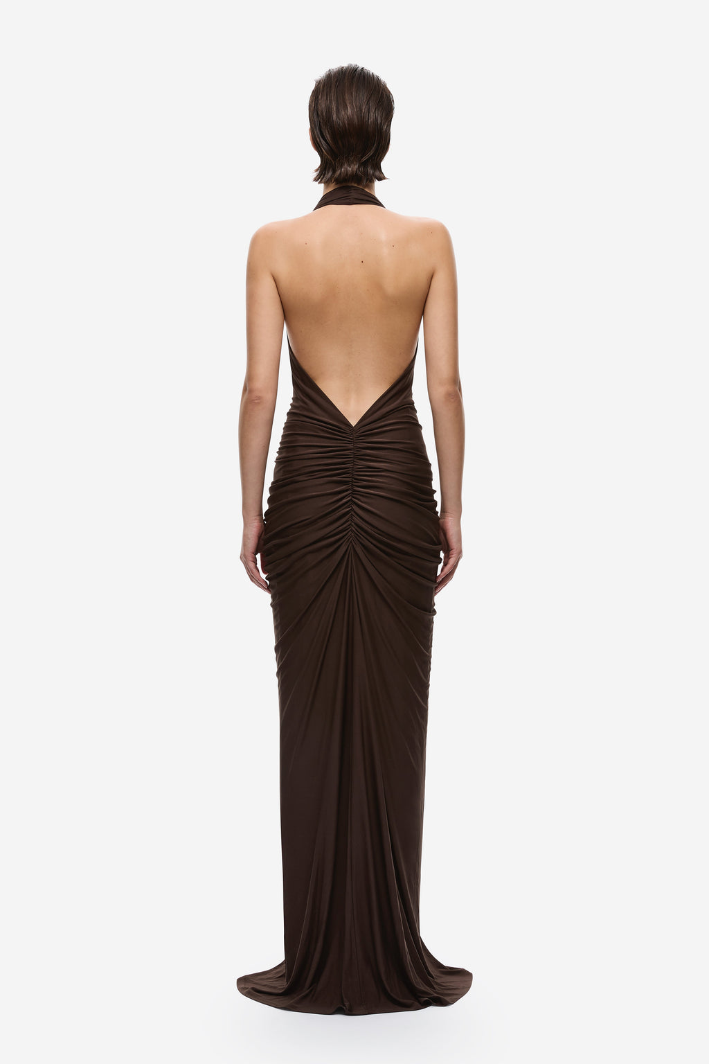 Chocolate gathered cupro halter maxi dress, open back with ruched center drape