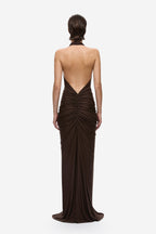 Chocolate gathered cupro halter maxi dress, open back with ruched center drape