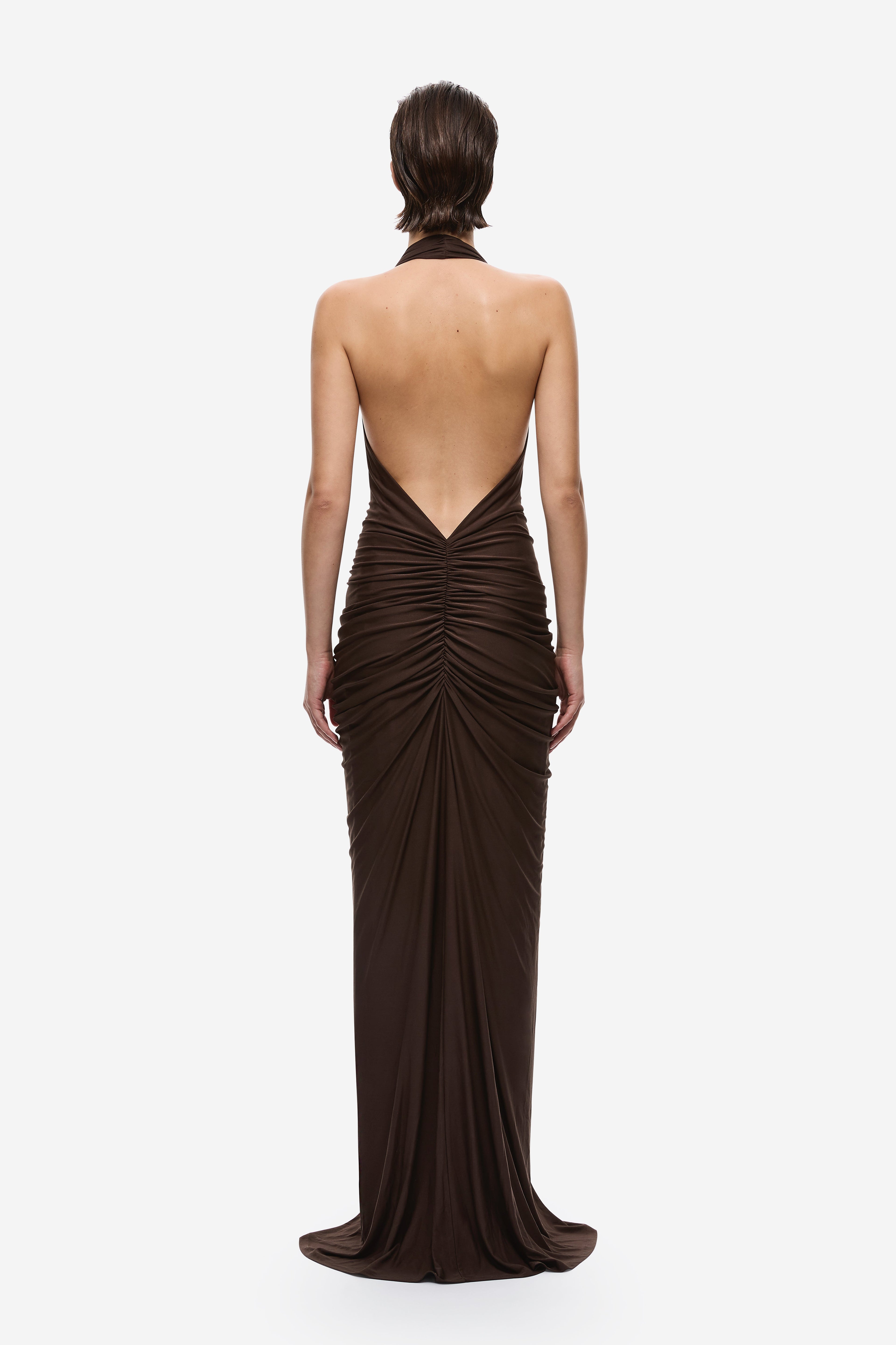 Chocolate gathered cupro halter maxi dress, open back with ruched center drape