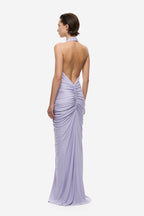 Lilac gathered cupro halter maxi dress with open back V and ruched center