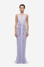 Lilac gathered cupro halter maxi dress with deep V-neck and ruched waist