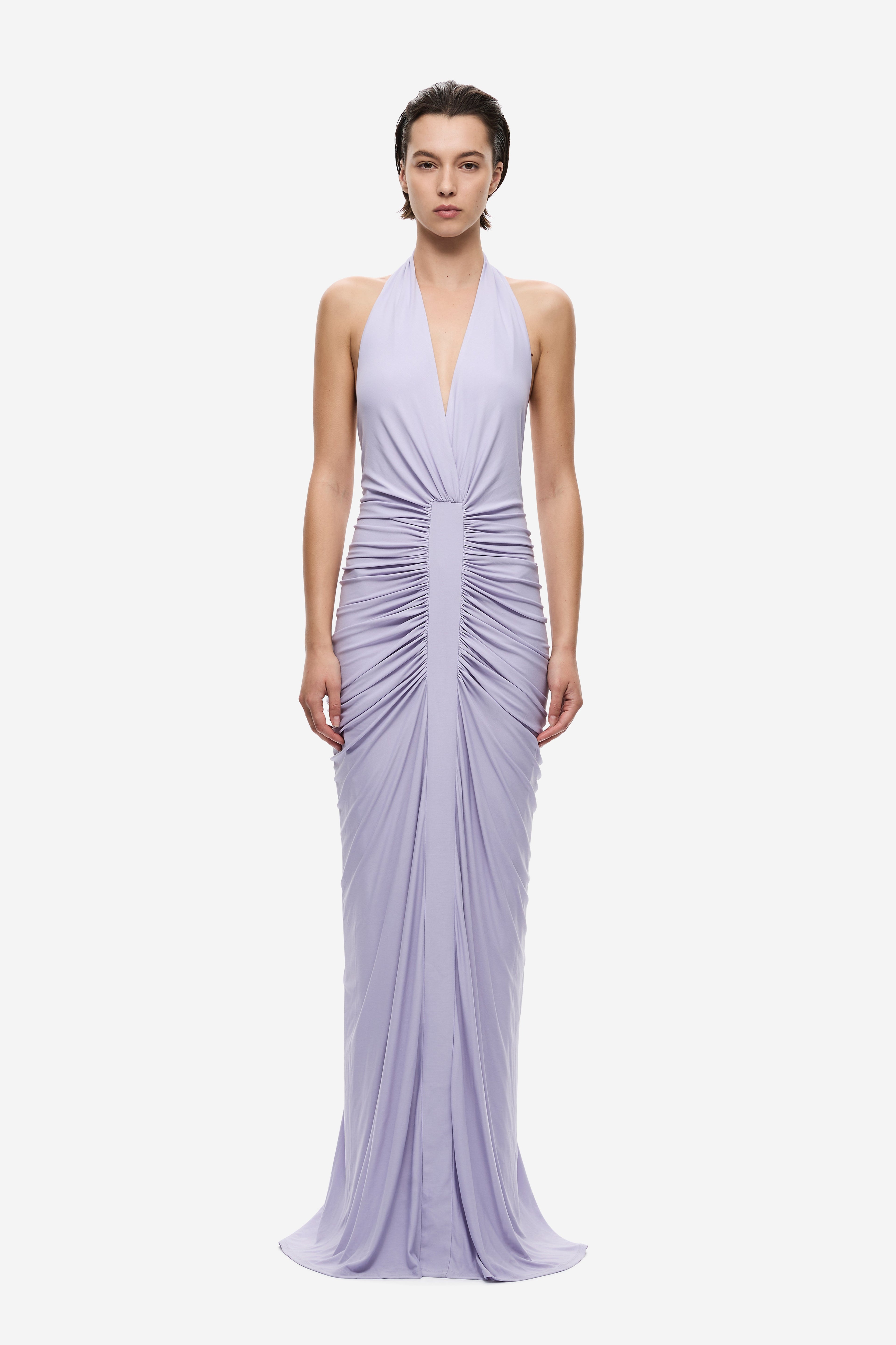 Lilac gathered cupro halter maxi dress with deep V-neck and ruched waist