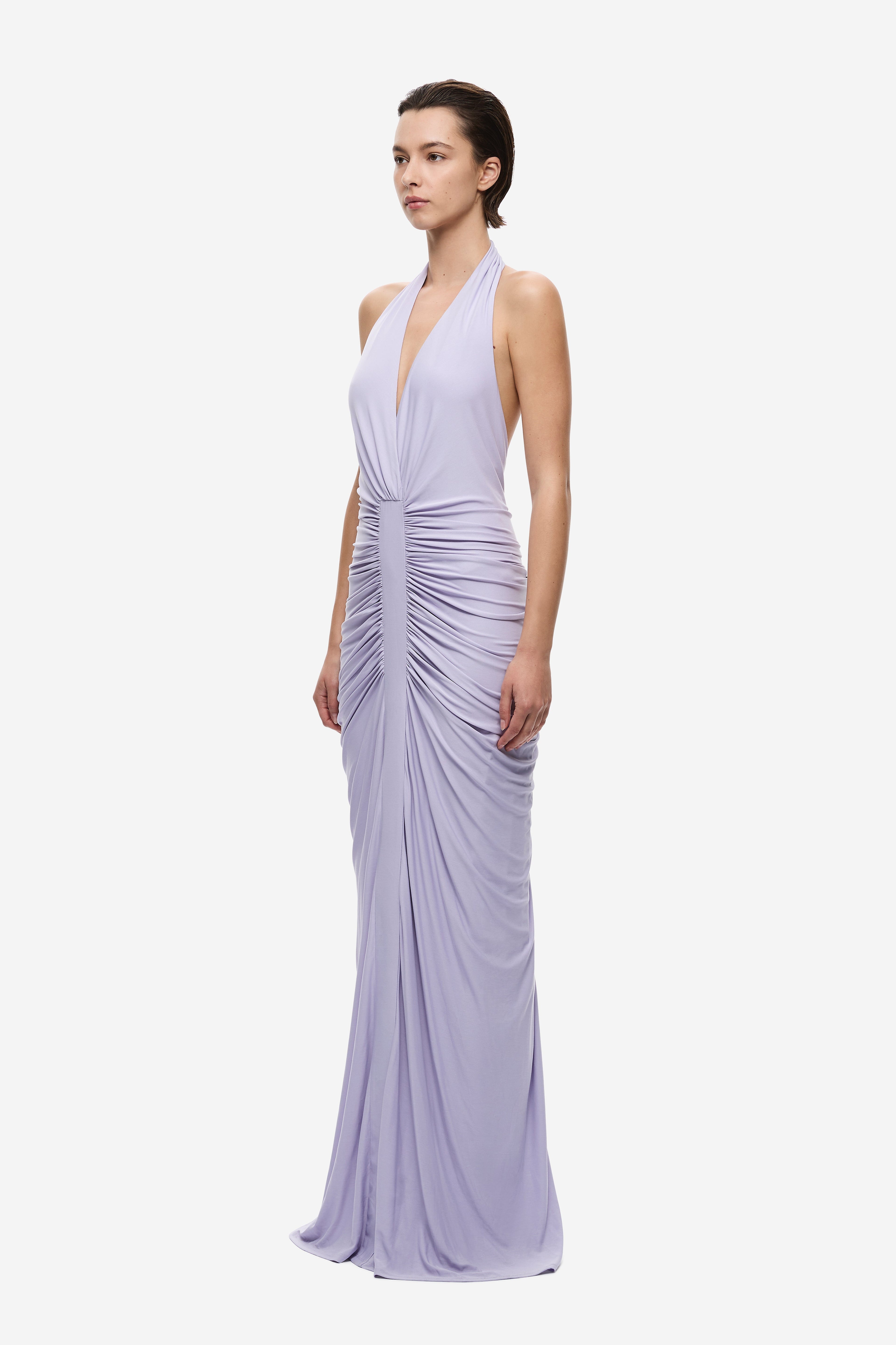 Lilac gathered cupro halter maxi dress with draped V-neck and side ruching