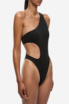 Black one-shoulder swimsuit with midriff cutout and high-leg coverage