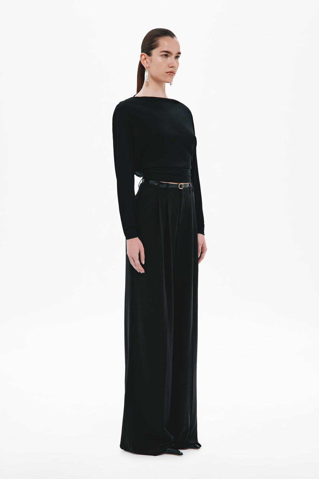 Black long-sleeve jersey top with boat neckline