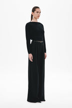 Black long-sleeve jersey top with boat neckline