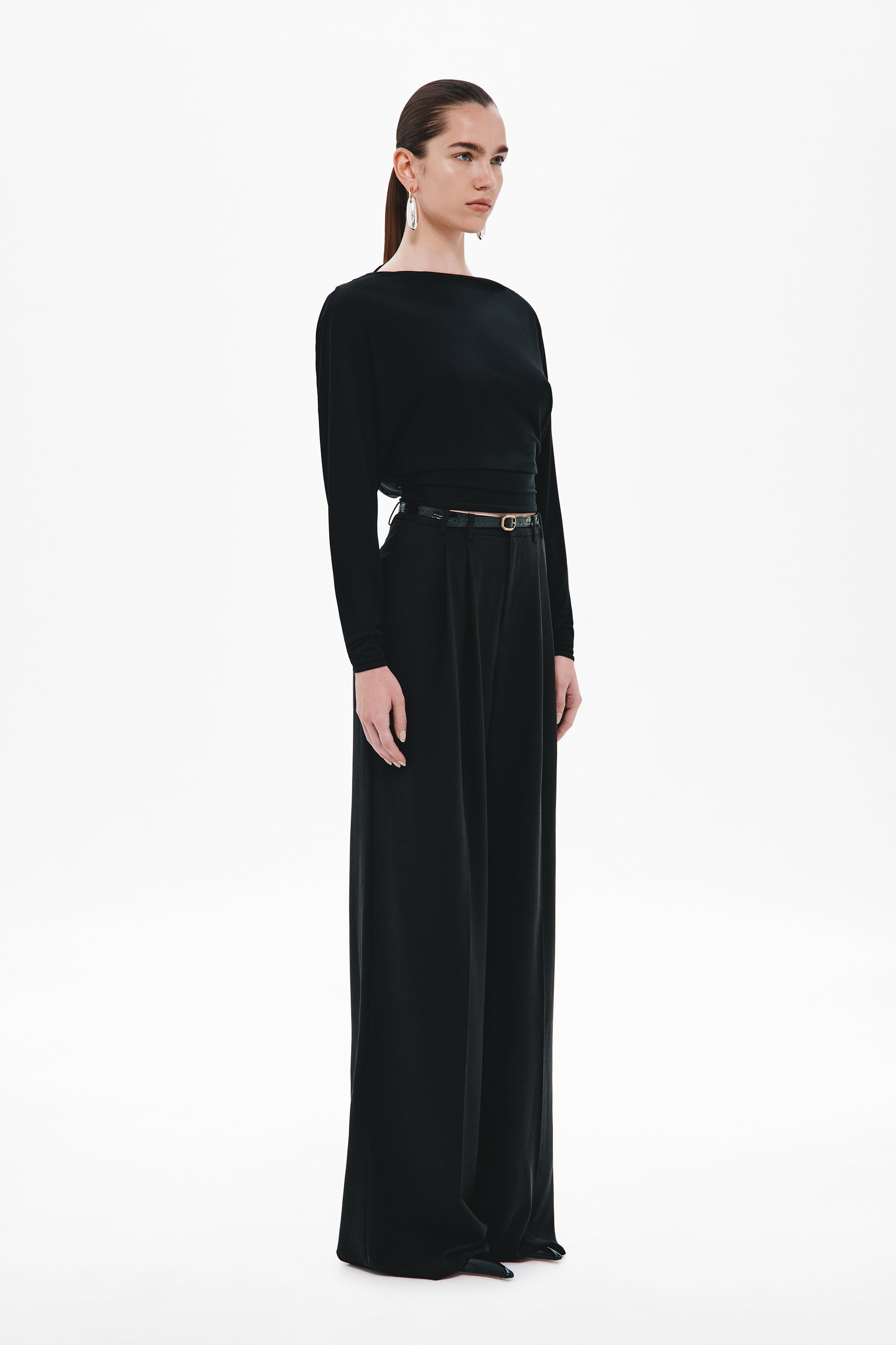 Black long-sleeve jersey top with boat neckline